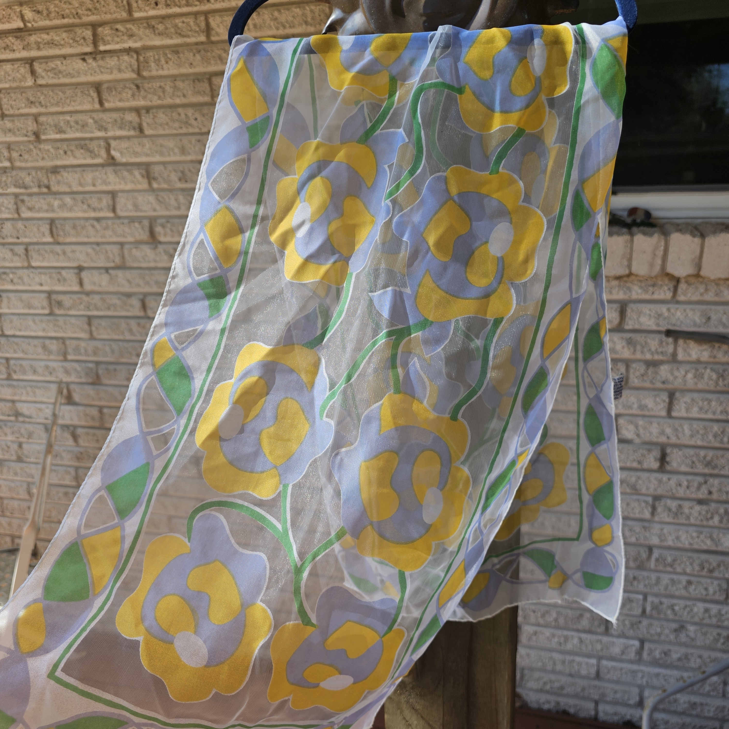 Vintage Chiffon Floral Sheer Scarf With Yellow And Green Accents
